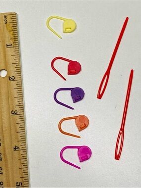 5 for $10: 5 Colorful Stitch Markers and 2 Plastic Sewing Needles Bright Colors